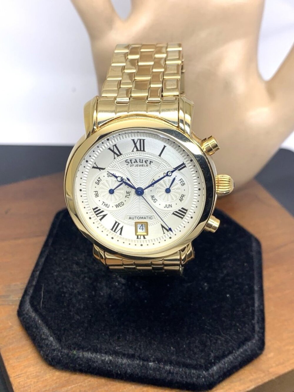 Stauer Mens Watch 16097 Automatic Gold Dial Triple Calendar Stainless Steel 40mm